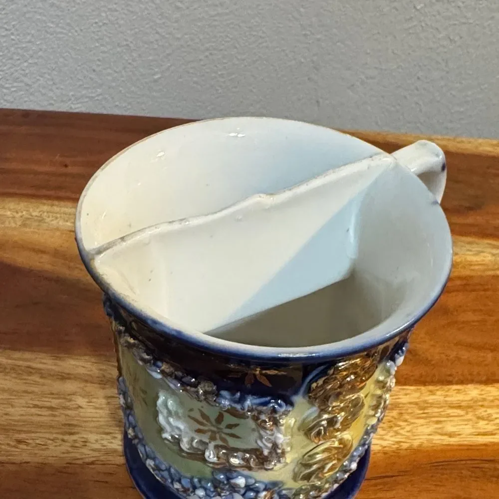ANTIQUE GERMAN PORCELAIN SHAVING MUG | RAISED GOLD COBALT BLUE ACCENTS DECOR